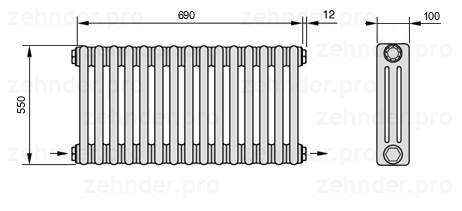 Схема (чертеж) Радиатор Zehnder Charleston 3055/15 №2670 Белый глянцевый RAL 9016